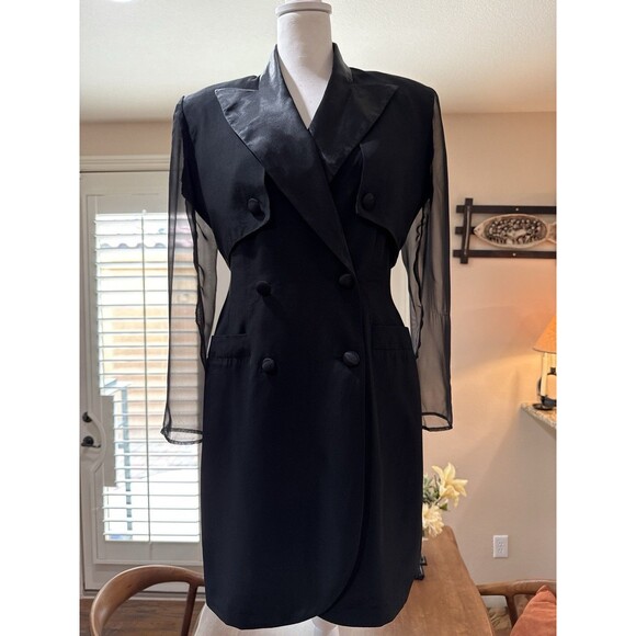 Joseph Ribkoff Black Halter Blazer Dress 2in1 Sheer Overlay Sheer Sleeve Size 10 - Picture 3 of 16